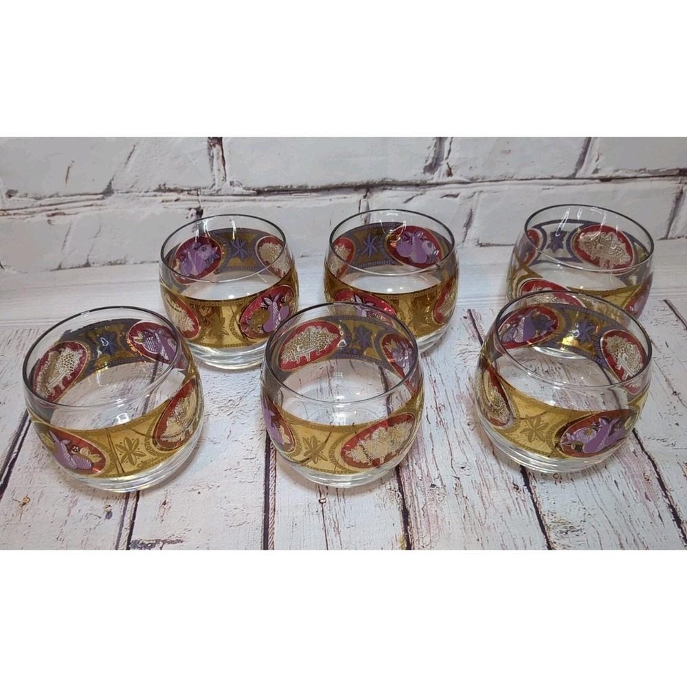 6- Vintage Cera Barware Bountiful Fruit Gold trim Roly Poly Glasses MCM